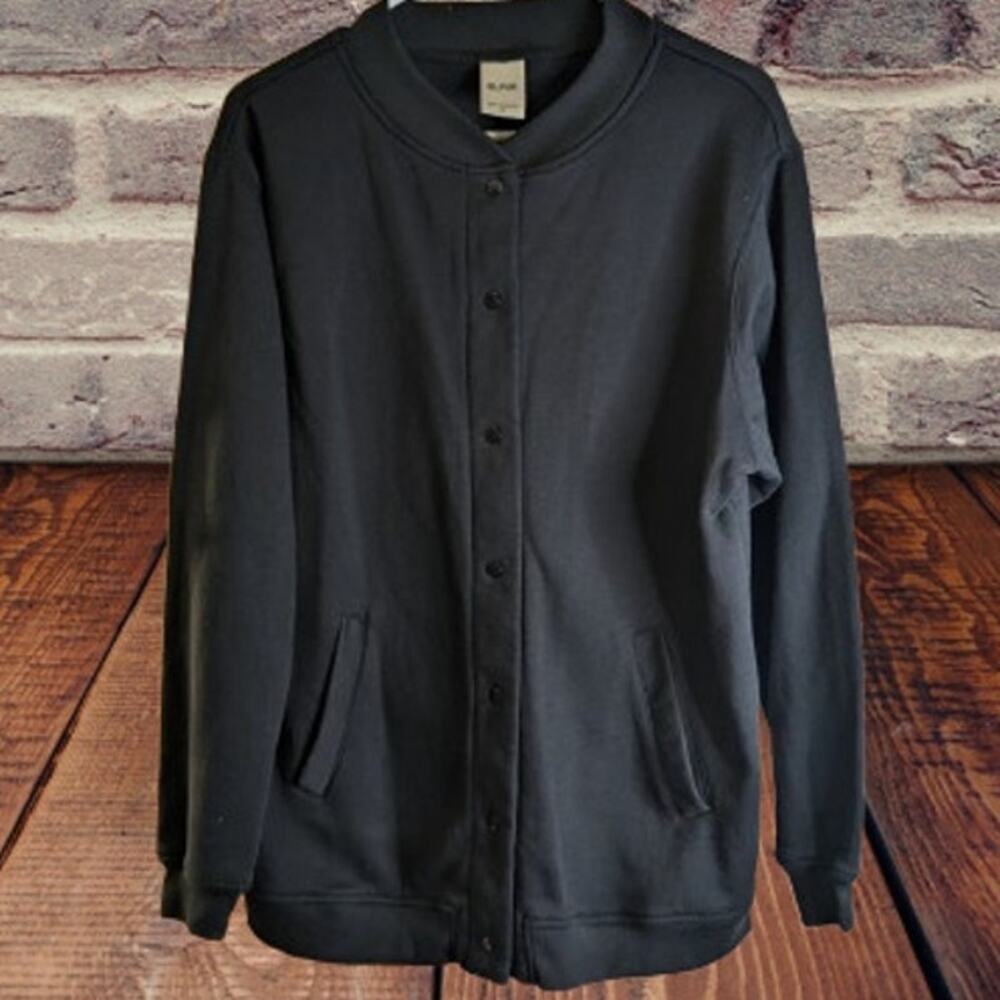 Blair medium black long sleeve snap down front cotton blend jersey womans jacket